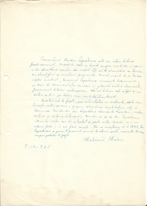 A3567N Vladimir Streinu (Nicolae Iordache), act scris și semnat olograf, 1965