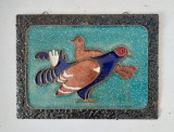Placă metalică emailată 12x16 cm, decor păsări stilizate, relief colorat vintage, art deco rustic, cu 2 agățători pentru perete
