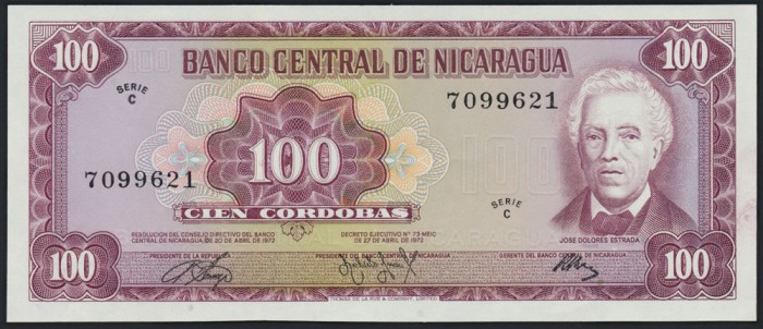 NICARAGUA █ bancnota █ 100 Cordobas █ D.1972 █ P-126 █ SERIE C █ UNC necirculata