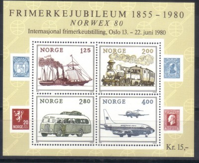 NORVEGIA 1980, Transporturi Avion Locomotiva Vapor, Expo NORWEX&amp;#039;80, neuzat, MNH foto