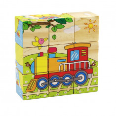 Set 6 in 1 cuburi Puzzle din lemn pentru copii, 6 imagini, vehicule