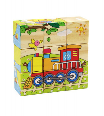 Set 6 in 1 cuburi Puzzle din lemn pentru copii, 6 imagini, vehicule foto