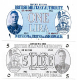!!! BRITISH MILITARY AUTHORITY = FANTASY NOTES = 1 + 5 LIRE 1942 - UNC / IN SCAN