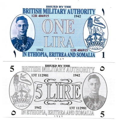 !!! BRITISH MILITARY AUTHORITY = FANTASY NOTES = 1 + 5 LIRE 1942 - UNC / IN SCAN foto