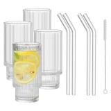 Set 9 piese, 4 pahare pentru cocktail, 4 paie de sticla si perie de curatare Upzai, 350 ml, sticla