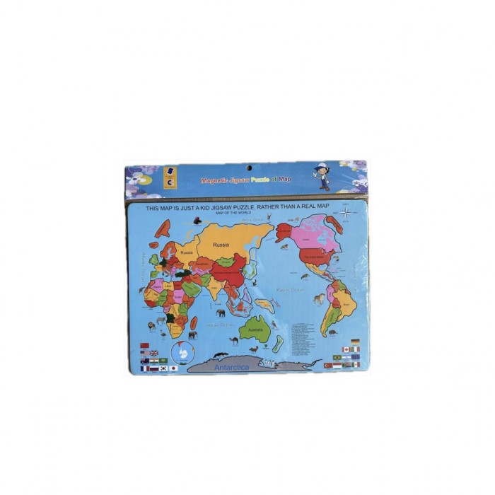 Puzzle magnetic cu harta lumii, joc educativ, animale, 35 piese, Multicolor