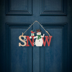 Decor de Crăciun din lemn - om de zăpadă - cu agățătoare - 17 x 9 cm 58250B