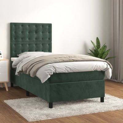 vidaXL Pat box spring cu saltea, verde &amp;icirc;nchis, 90x190 cm, catifea 3143238 foto
