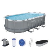 Cumpara ieftin Piscina structura metalica, ovala, cu filtru, pompa, scara, dozator, prelata acoperire, gri, 549x274x122 cm, Bestway Power Steel