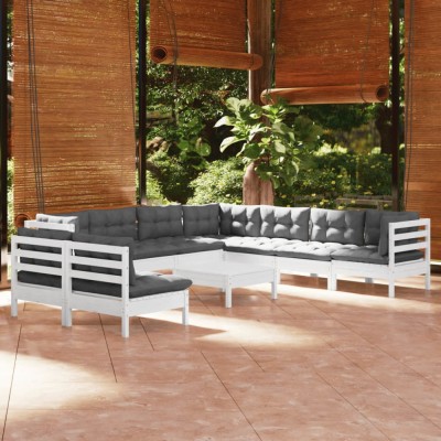 vidaXL Set mobilier grădină cu perne, 10 piese, alb, lemn masiv pin 3096834 foto