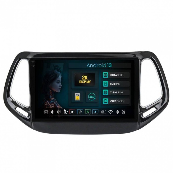 Navigatie 2K Jeep Compass (2016+) 8GB RAM Android 13 Octacore Slot Sim 4G DSP GPS Wi-FI Carplay Android Auto USB Bluetooth Waze Touchscreen 10.36 Inch
