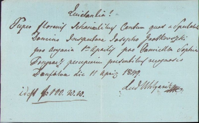 A303 Chitanță olografă, 1839, &icirc;n limba latină