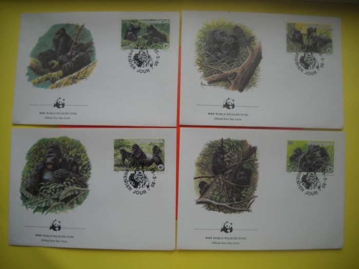 HOPCT PLIC FDC S NR 315 SET 4 FDC -FAUNA- GORILE RWANDA 1985 -NECIRCULAT