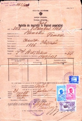 A3443N Buletin de &amp;icirc;nscriere la biuroul populației, 1932, Chișinău, Basarabia foto