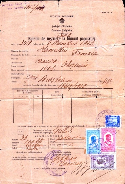 A3443N Buletin de &icirc;nscriere la biuroul populației, 1932, Chișinău, Basarabia