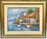 Tablou Peisaj Marin cu Bărci , Pictura &icirc;n ulei pe p&acirc;nză &icirc;nsoțit de Certificat de Autenticitate, inramat ramă lemn 48x58cm, Marine, Realism