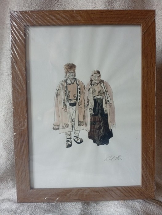 Barbat si femeie in costum popular, Acuarela pe hartie