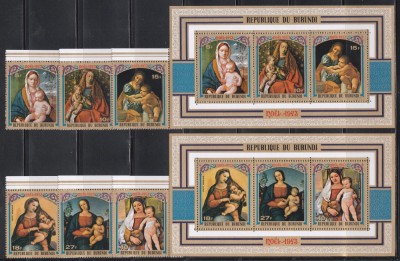 Burundi 1973 - Crăciun - &amp;bdquo;Fecioara și Pruncul&amp;rdquo; - Picturi de Bellini, Van Eyck, Raphael, Titian, 2 Serii + 2 Colițe, SET COMPLET, MNH foto