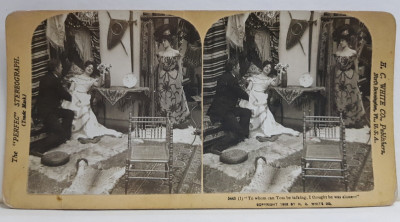 SCENA ROMANTICA IN BUDOAR , FOTOGRAFIE STEREOSCOPICA , 1902 foto