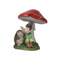 Decoratiune Boy and hedgehog under mushroom, Decoris, 14.5x12.5x15 cm, polirasina, multicolor