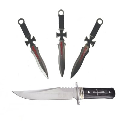 Cutit de vanatoare Tang Hunter si 3 Cutite de aruncat, DEPOX&amp;reg; , 28 cm ,Otel inoxidabil foto
