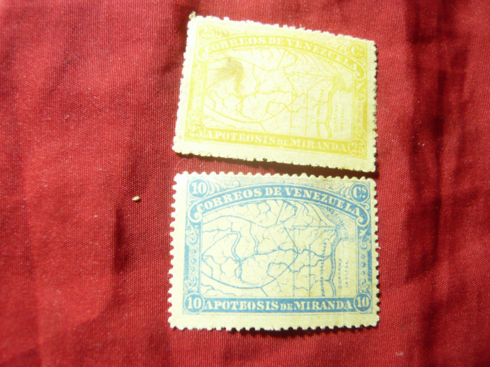 2 Timbre Venezuela 1896 harta - 80 Ani General Fr Miranda,10 si 25c(patat) sarn.