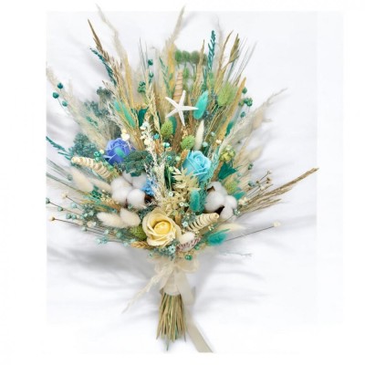 Buchet evantai cu mix de flori naturale uscate, trandafiri si bumbac , alb-blue, ideal pentru nasa, cununie civila sau cadou foto