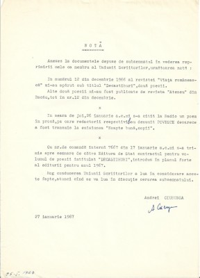 A3436N Semnătura olografă a lui Andrei Ciurunga (Robert Cahuleanu, Robert Eisenbraun), 1967 foto