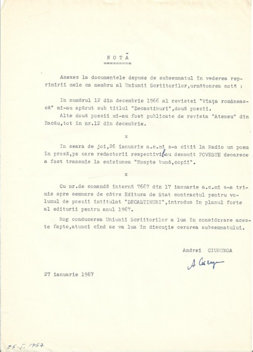 A3436N Semnătura olografă a lui Andrei Ciurunga (Robert Cahuleanu, Robert Eisenbraun), 1967