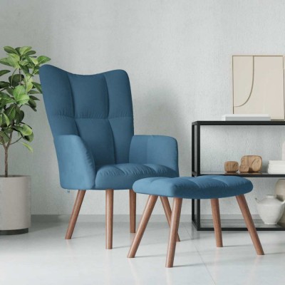 Scaun de relaxare cu taburet, albastru, catifea foto
