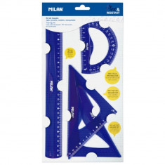 Set Geometrie Milan: Liniar 30 cm, Echer 13 si 17 cm, Raportor 10 cm, Plastic Flexibil, Albastru