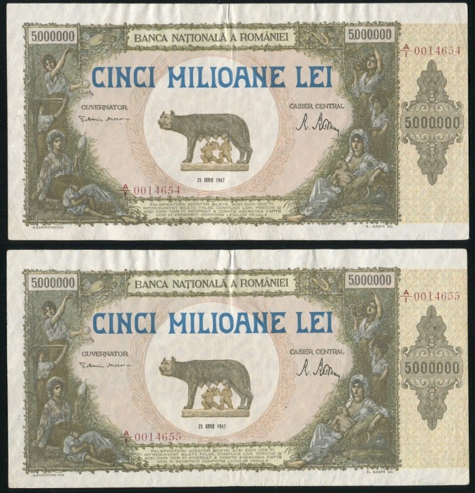 q552 PERECHE CONSECUTIVA 5000000 LEI 1947 CIRCULATA VF