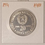 Bulgaria 20 Leva 1988, KM#174 , Second Soviet-Bulgarian Space Flight, argint, Europa
