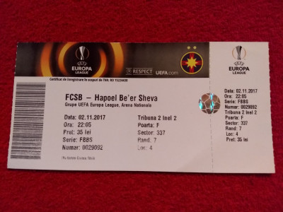 Bilet meci fotbal FCSB - HAPOEL BE`ER SHEVA (Europa League 02.11.2017) foto
