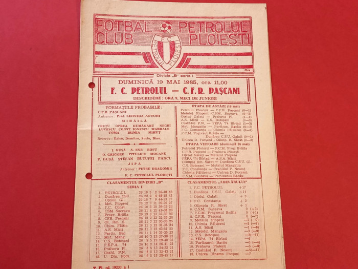 Program meci fotbal PETROLUL PLOIESTI - CFR PASCANI (19.05.1985)