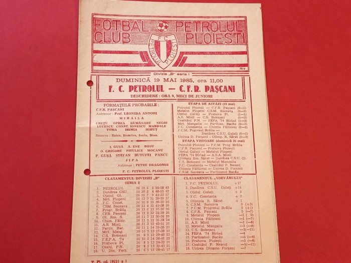 Program meci fotbal PETROLUL PLOIESTI - CFR PASCANI (19.05.1985)