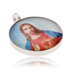 Medalion rotund din otel, Isus in haina rosu cu albastru foto