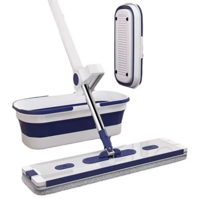 Mop Plat, Flippy, cu Galeata Pliabila, 2 Rezerve din Microfibra, 127 cm Tija Telescopica, Utilizare Umeda/Uscata, Recipient Lichid, Albastru foto
