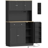 HOMCOM Bufet &icirc;nalt bucătărie, dulap de bucătărie, stație de &icirc;ncărcare, 6 uși, blat de lucru, suport pentru condimente, 100x40x173cm, negru | Aosom Rom