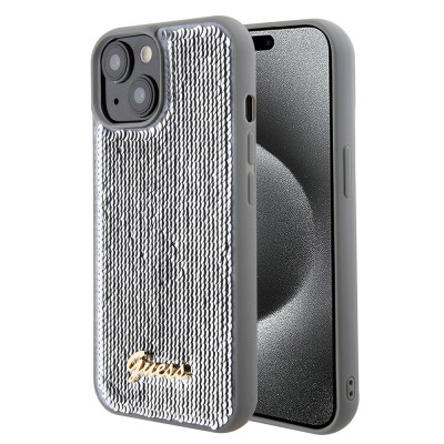 Husa originala Guess iPhone 15 Sequin Script Metal, argintiu, GUHCP15SPSFDGSS foto