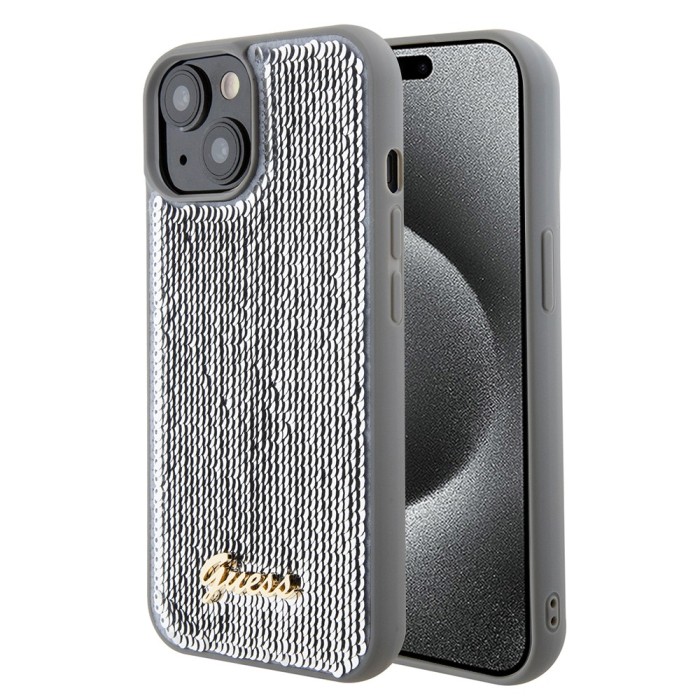 Husa originala Guess iPhone 15 Sequin Script Metal, argintiu, GUHCP15SPSFDGSS