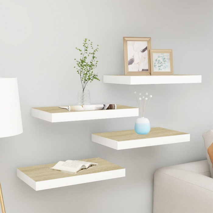 Gossi rafturi perete suspendate 4 buc. alb/stejar 50x23x3,8cm mdf