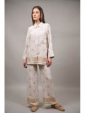 Cumpara ieftin Pantaloni Dama In &amp; Bumbac, Largi cu Broderie Aquino, Bej M-L (40), Casual, Talie Max 110cm