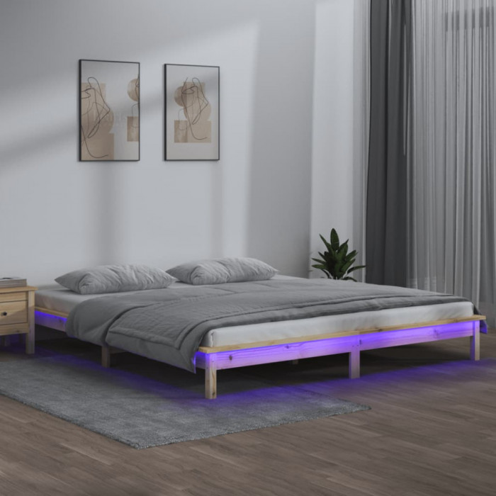 Cadru de pat cu LED, 150x200 cm, lemn masiv, King Size 5FT