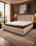 Pat Aria 160x200 cm Lada de Depozitare Tapitat Catifea Bej Somiera Inclusa (cod ML2617-01)