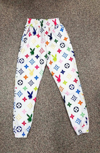 Pantaloni dama lungi albi tip colanti din bumbac cu imprimeu PY colorat |  Okazii.ro