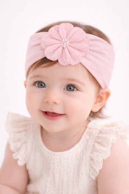 Bentita lata roz pentru bebeluse cu floare aplicata