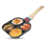 Tigaie antiaderentă cu 4 compartimente pentru ouă ochiuri și clătite, m&acirc;ner din lemn, 19 x 19 cm