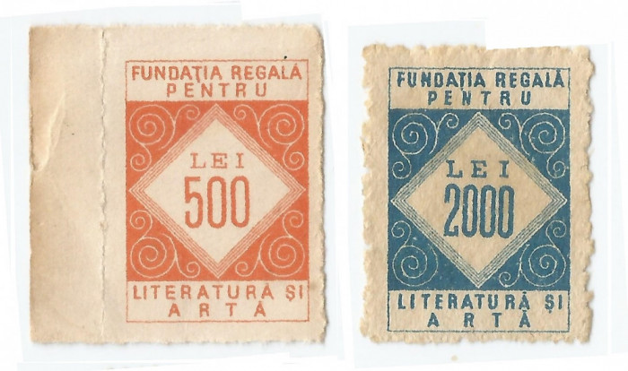 *Rom&acirc;nia, lot 714 cu 2 timbre fiscale pentru cultură, NG, 1933-1947