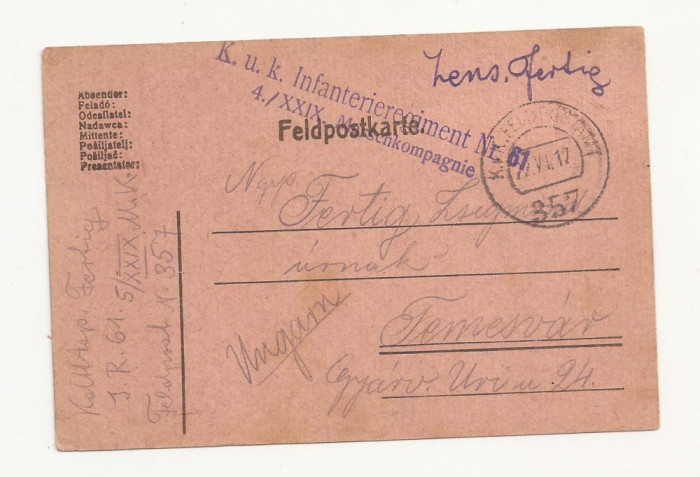 D1 Carte Postala Militara k.u.k. Imperiul Austro-Ungar , 1917, Temesvar